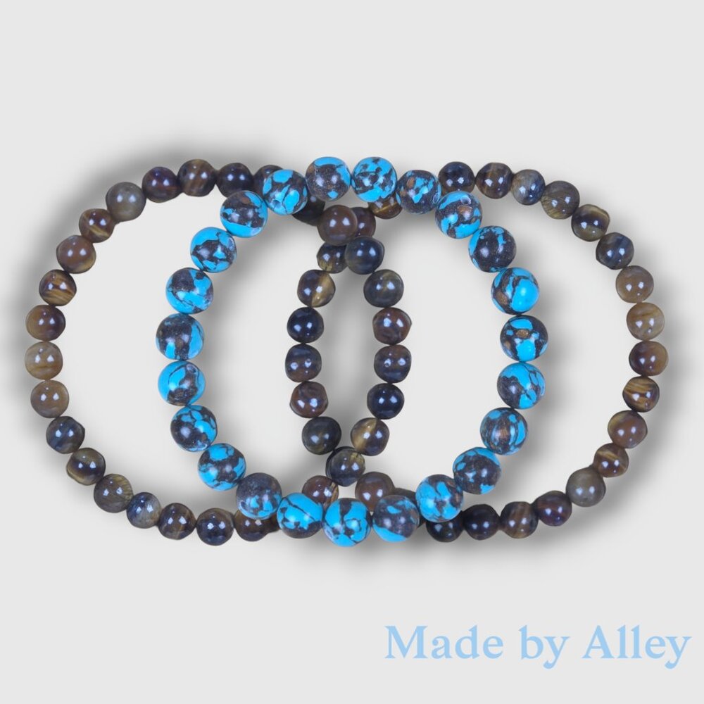 Handmade Turquoise Siderolite & Yellow Tigers Eye Beaded Bracelet 3 Piece Set